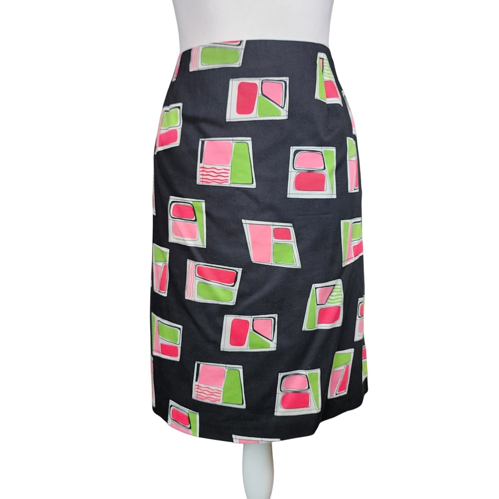 Talbots Cotton Pencil Skirt Womens 12 Pink Green Abstract Stretch Casual Whimsy
